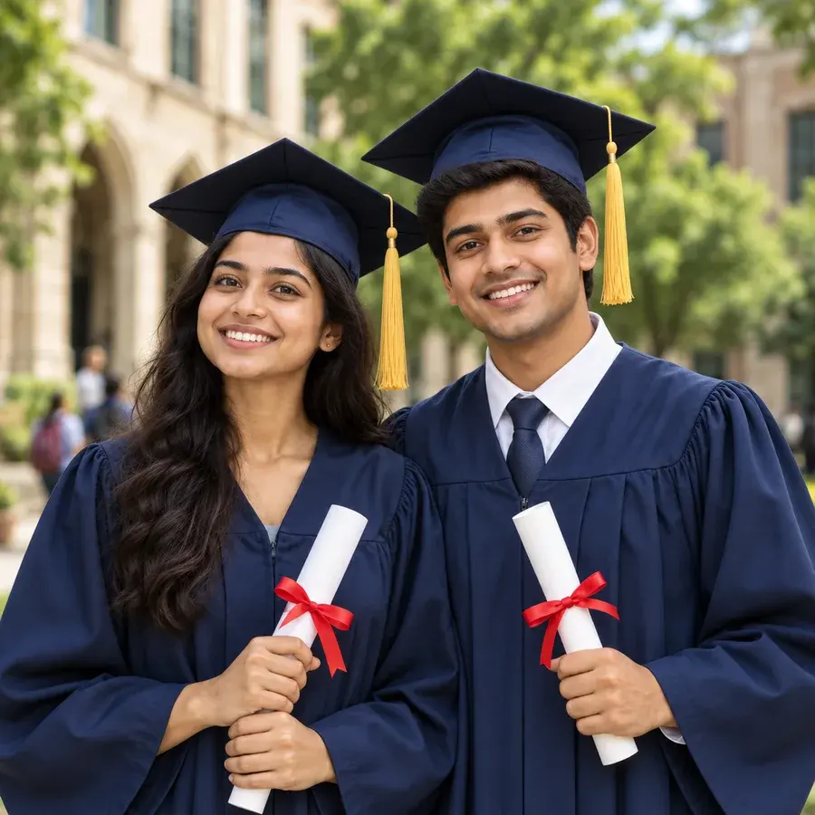 AI-generated illustration of two Indian graduates, a young woman and a young man, holding diplomas on a campus